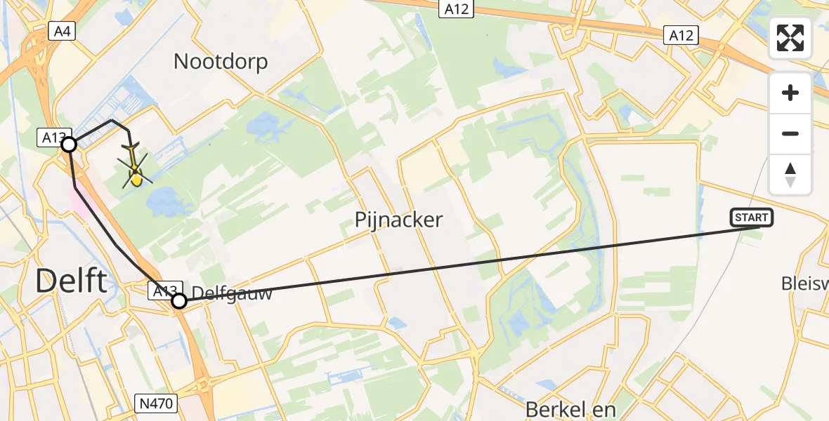 Routekaart van de vlucht: Politiehelikopter naar Delft, Hoflaan