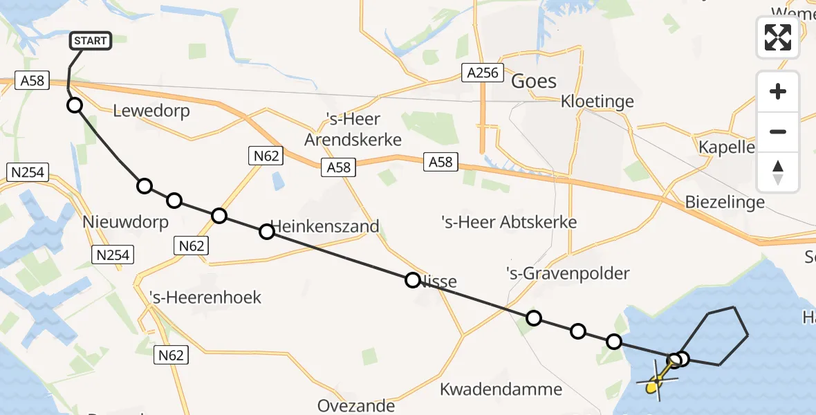 Routekaart van de vlucht: Kustwachthelikopter naar Hoedekenskerke, Zeedijk van de Jacobapolder