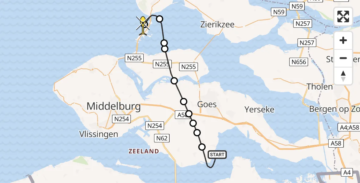 Routekaart van de vlucht: Kustwachthelikopter naar Vrouwenpolder, buitendijks traject