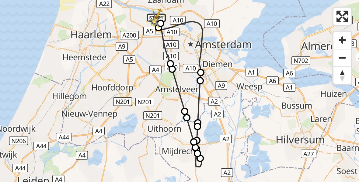 Vluchtroute Traumahelikopter van Amsterdam Heliport naar Amsterdam Heliport