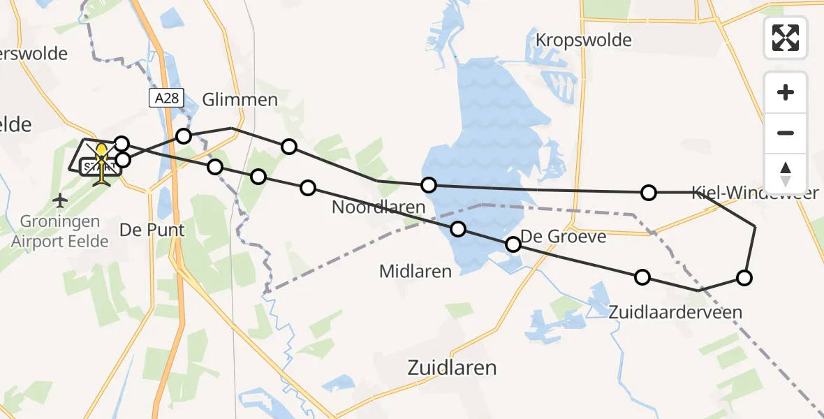 Routekaart van de vlucht: Lifeliner 4 naar Groningen Airport Eelde, Burgemeester J.G. Legroweg