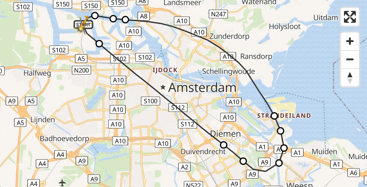 Routekaart van de vlucht: Lifeliner 1 naar Amsterdam Heliport, Westhaven