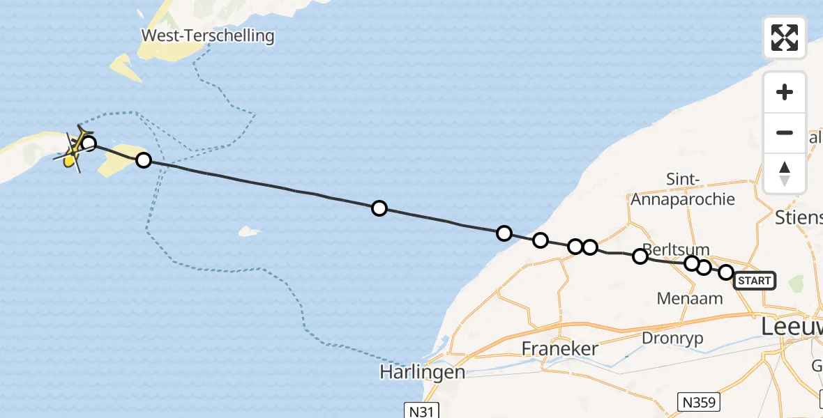 Routekaart van de vlucht: Ambulancehelikopter naar Vlieland Heliport, Westergoawei