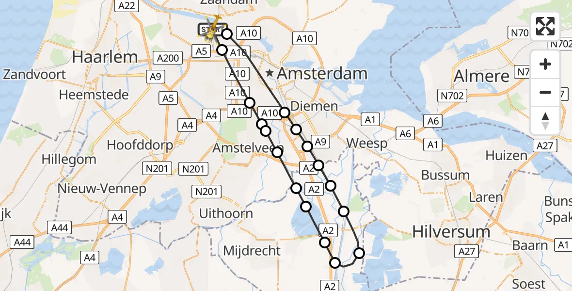 Vluchtroute Traumahelikopter van Amsterdam Heliport naar Amsterdam Heliport