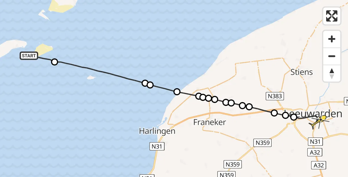 Routekaart van de vlucht: Ambulancehelikopter naar Leeuwarden, Borniastraat