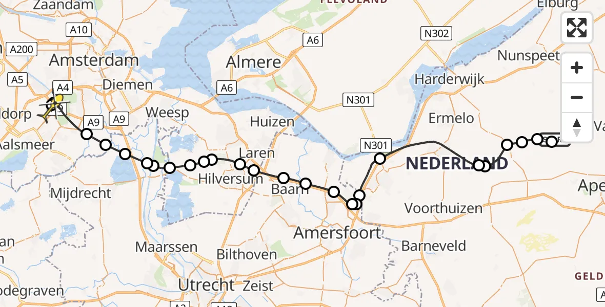 Routekaart van de vlucht: Politiehelikopter naar Schiphol, De Hoge Duvel