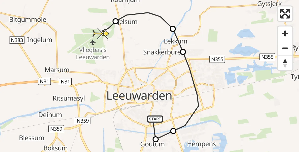 Vluchtroute Ambulancehelikopter van Leeuwarden naar Vliegbasis Leeuwarden