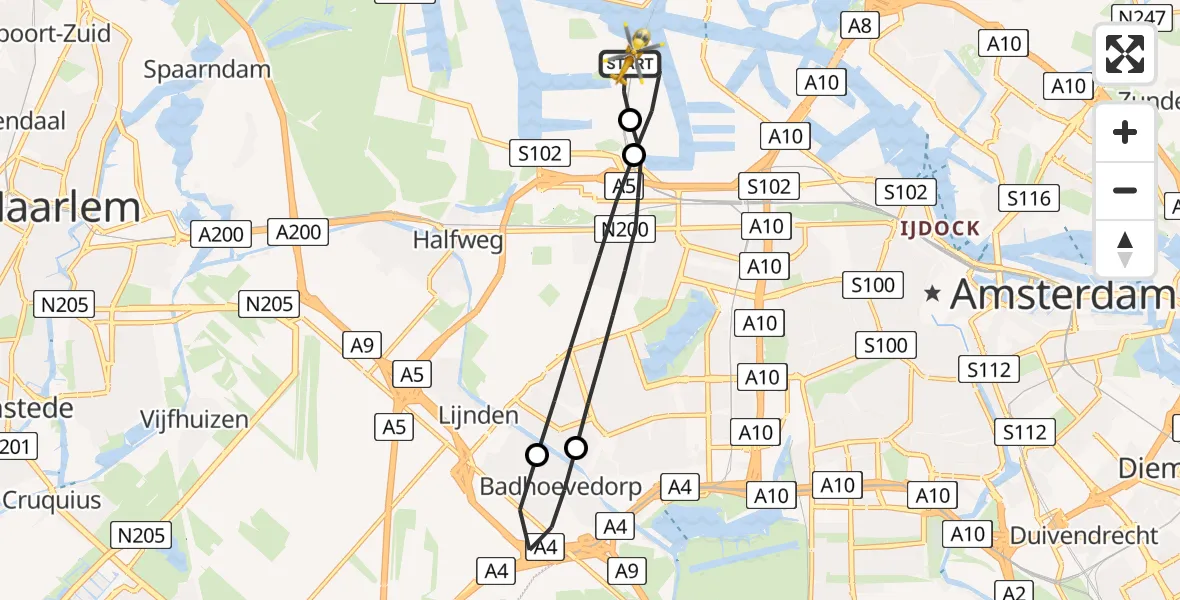 Vluchtroute Traumahelikopter van Amsterdam Heliport naar Amsterdam Heliport