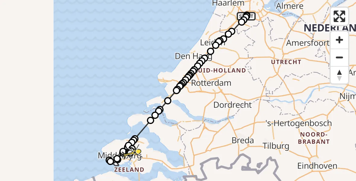 Routekaart van de vlucht: Politieheli naar Vliegveld Midden-Zeeland, Aalsmeer