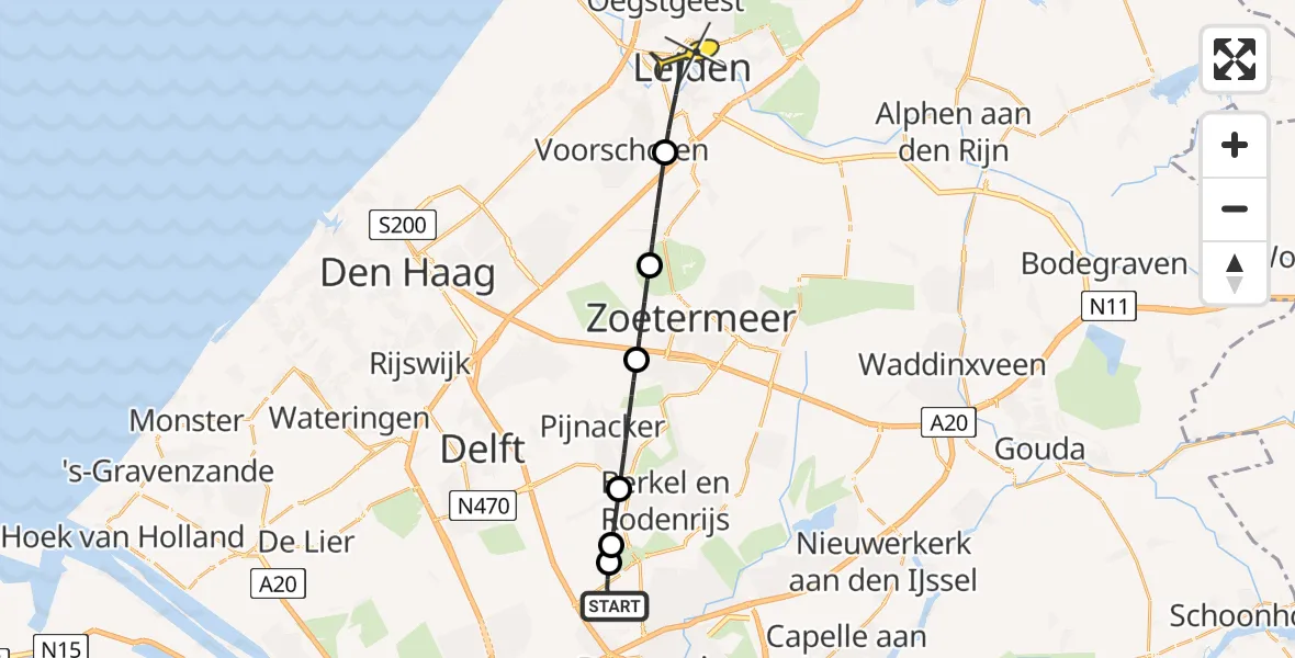 Routekaart van de vlucht: Lifeliner 2 naar Leiden, A16 Rotterdam