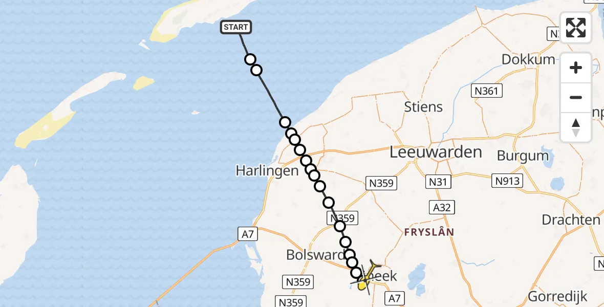 Routekaart van de vlucht: Ambulancehelikopter naar Sneek, Noorder Balgen