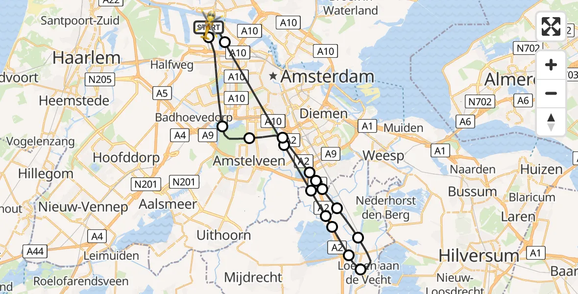 Vluchtroute Traumahelikopter van Amsterdam Heliport naar Amsterdam Heliport