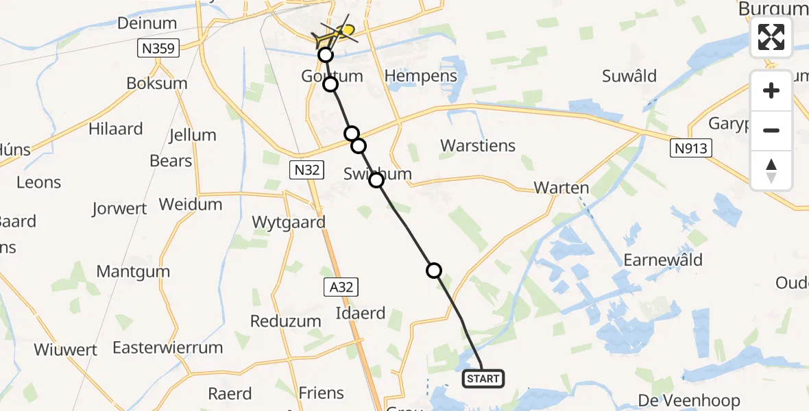 Routekaart van de vlucht: Ambulancehelikopter naar Leeuwarden, Burd