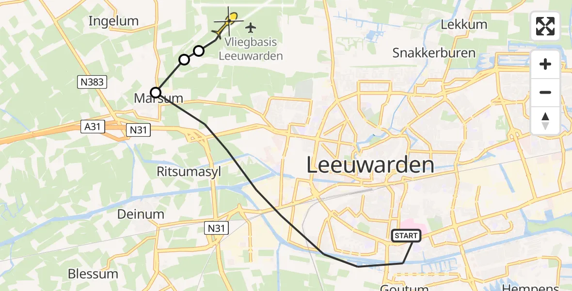 Vluchtroute Ambulancehelikopter van Leeuwarden naar Vliegbasis Leeuwarden