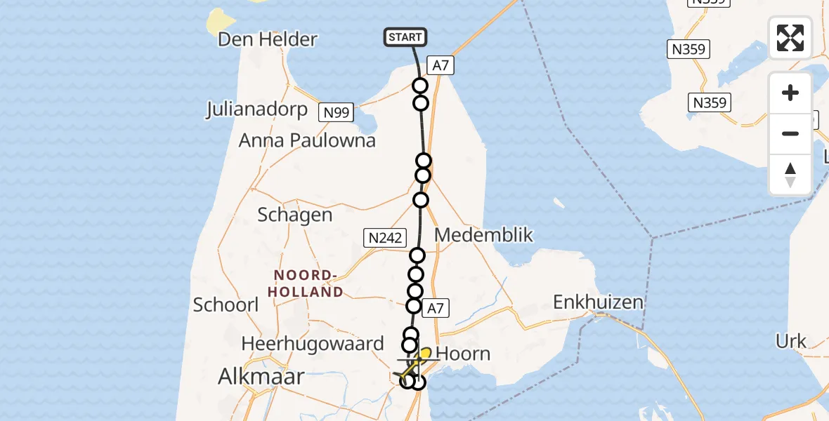 Routekaart van de vlucht: Politiehelikopter naar Berkhout, Kerkebuurt