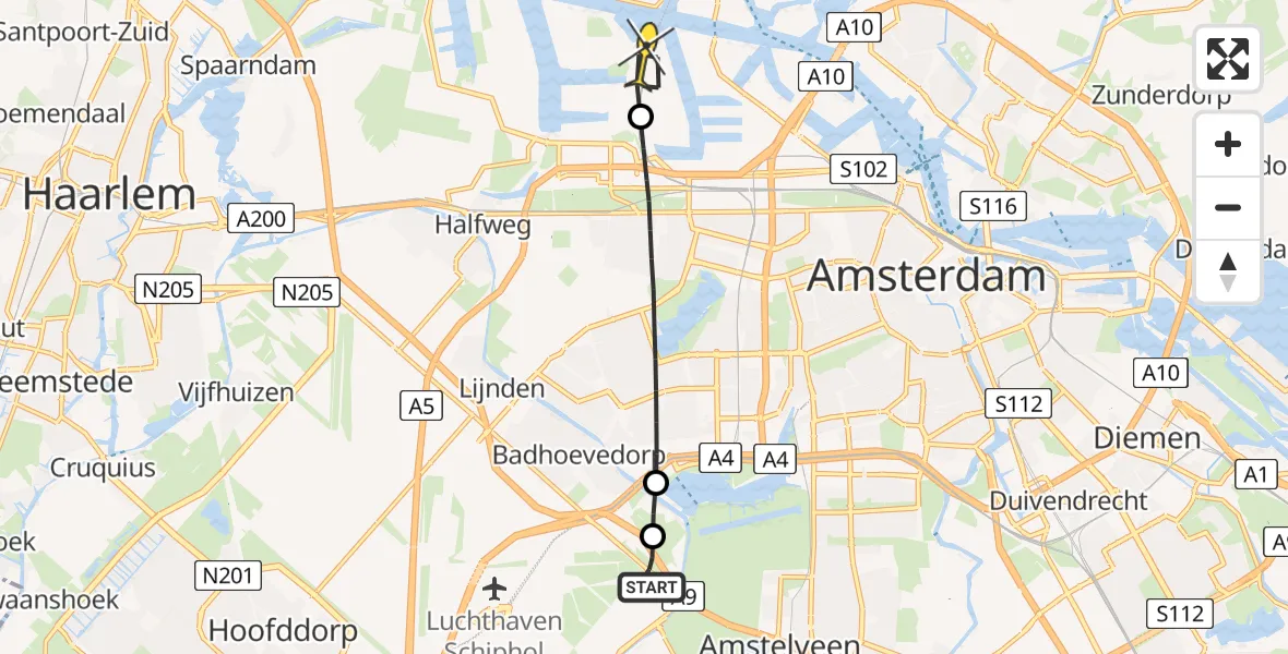 Vluchtroute Politiehelikopter van Schiphol naar Amsterdam Heliport