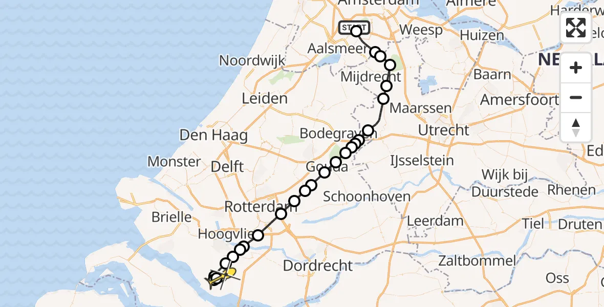 Routekaart van de vlucht: Politiehelikopter naar Zuid-Beijerland, Kraayveldstraat