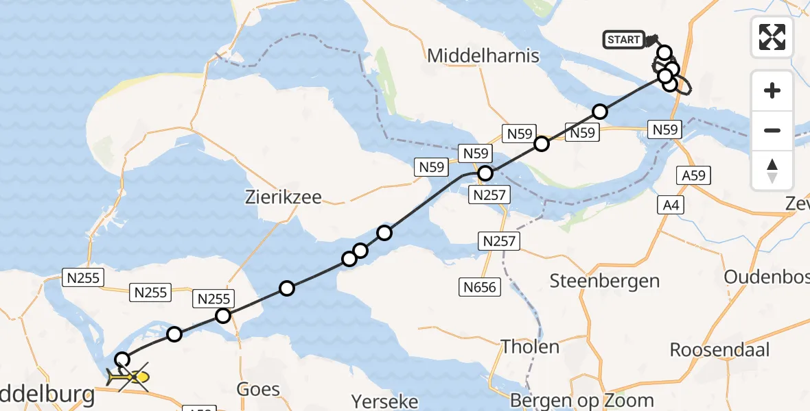 Routekaart van de vlucht: Politiehelikopter naar Vliegveld Midden-Zeeland, Hageweg
