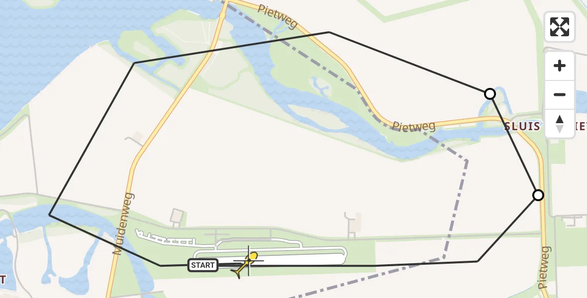 Routekaart van de vlucht: Politieheli naar Vliegveld Midden-Zeeland, Pietweg