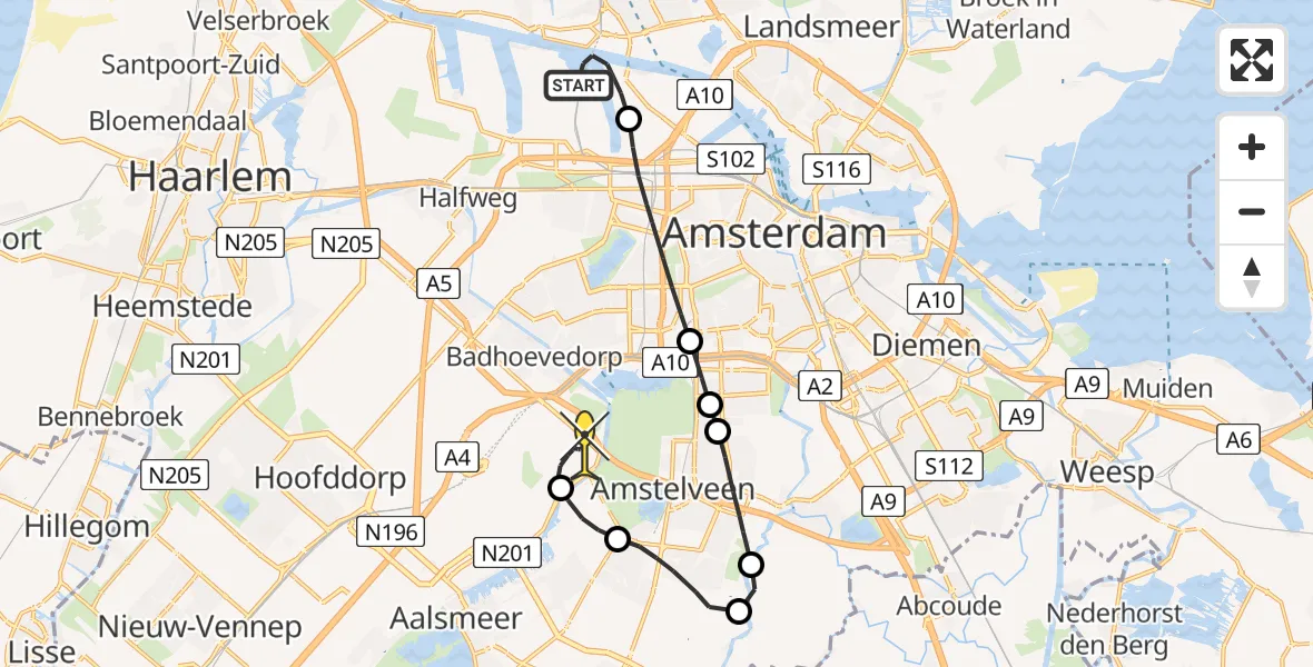 Vluchtroute Politiehelikopter van Amsterdam Heliport naar Schiphol