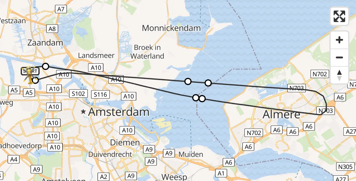 Vluchtroute Traumahelikopter van Amsterdam Heliport naar Amsterdam Heliport