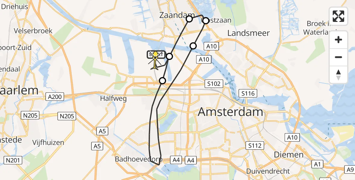 Routekaart van de vlucht: Lifeliner 1 naar Amsterdam Heliport, Kompasweg