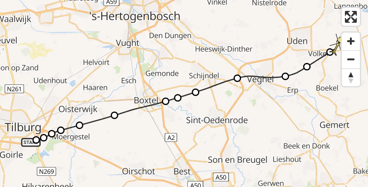 Routekaart van de vlucht: Lifeliner 3 naar Vliegbasis Volkel, Hoevense Kanaaldijk