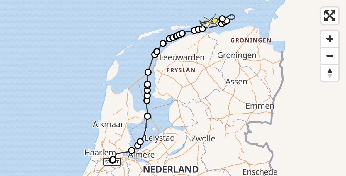 Routekaart van de vlucht: Politiehelikopter naar Schiermonnikoog, Aalsmeer
