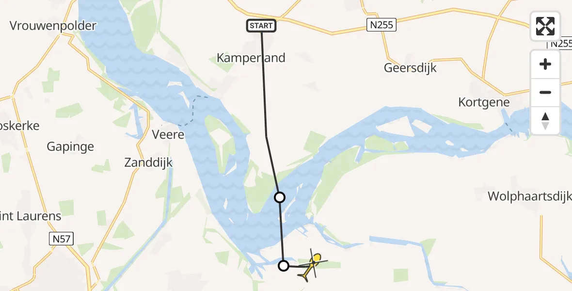 Routekaart van de vlucht: Politiehelikopter naar Vliegveld Midden-Zeeland, Sint Felixweg