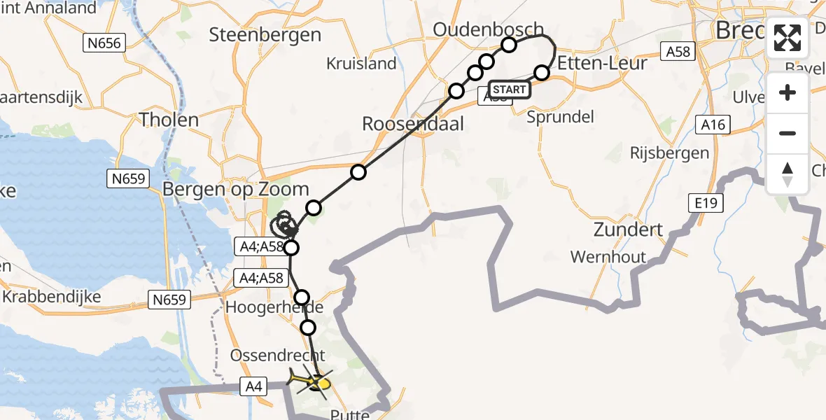 Routekaart van de vlucht: Politiehelikopter naar Ossendrecht, Oude Bredasepostbaan