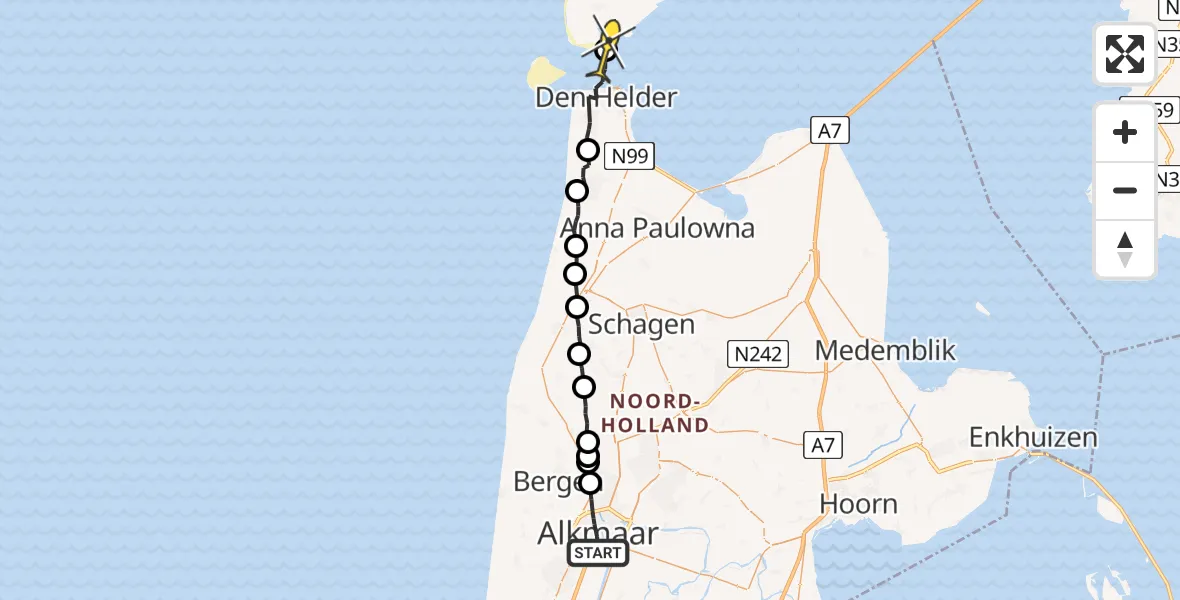 Routekaart van de vlucht: Ambulancehelikopter naar Den Hoorn, Oudegracht