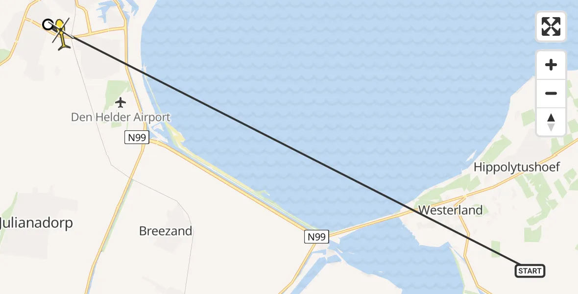 Routekaart van de vlucht: Ambulancehelikopter naar Den Helder, Waddenzeestraat