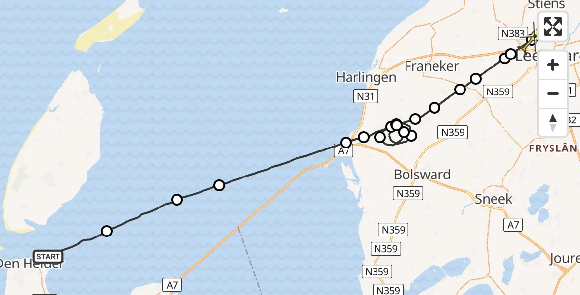 Routekaart van de vlucht: Ambulancehelikopter naar Leeuwarden, Het Nieuwe Diep