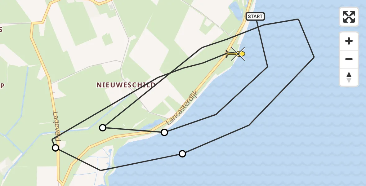 Routekaart van de vlucht: Kustwachthelikopter naar Oosterend, Lancasterdijk