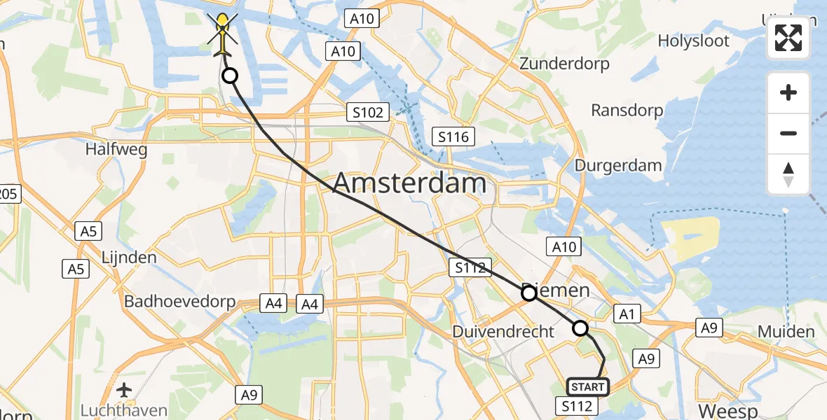 Routekaart van de vlucht: Lifeliner 1 naar Amsterdam Heliport, Bijlmerweide