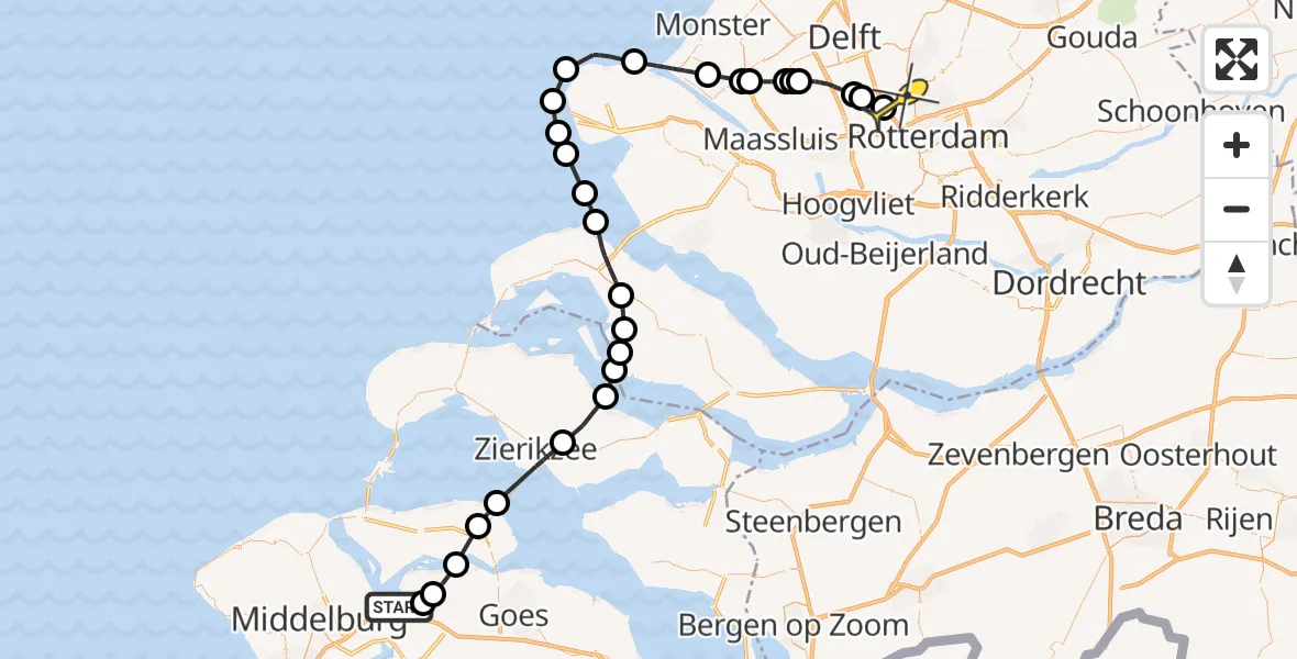 Routekaart van de vlucht: Kustwachthelikopter naar Rotterdam The Hague Airport, Calandweg