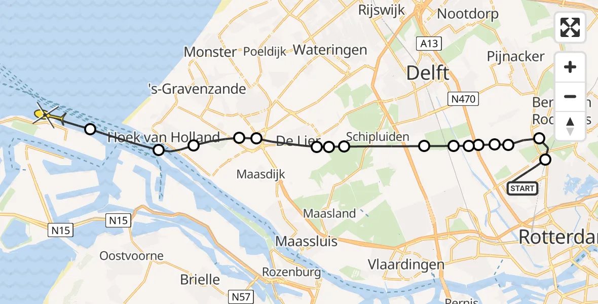 Routekaart van de vlucht: Kustwachthelikopter naar Maasvlakte, Doenkadepad