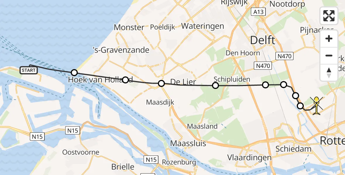 Routekaart van de vlucht: Kustwachthelikopter naar Rotterdam The Hague Airport, Maasmond