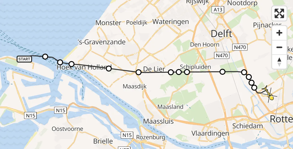 Routekaart van de vlucht: Kustwachthelikopter naar Rotterdam The Hague Airport, Maasgeul