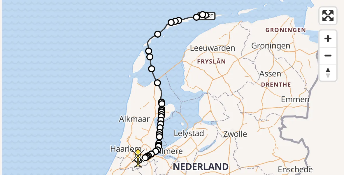 Routekaart van de vlucht: Politieheli naar Schiphol, Tjellingspad