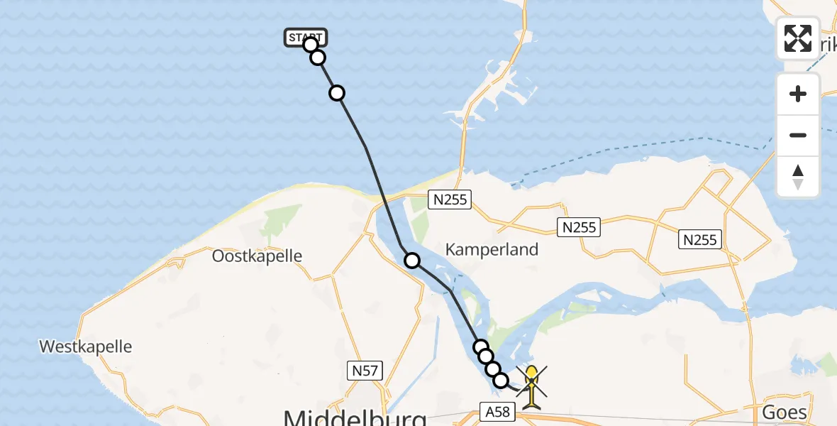 Routekaart van de vlucht: Kustwachthelikopter naar Vliegveld Midden-Zeeland, Oude Roompot