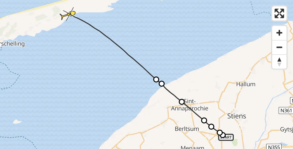 Routekaart van de vlucht: Ambulancehelikopter naar Oosterend, Nijlânsdyk
