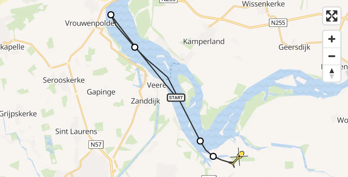 Routekaart van de vlucht: Kustwachthelikopter naar Vliegveld Midden-Zeeland, Muidenweg