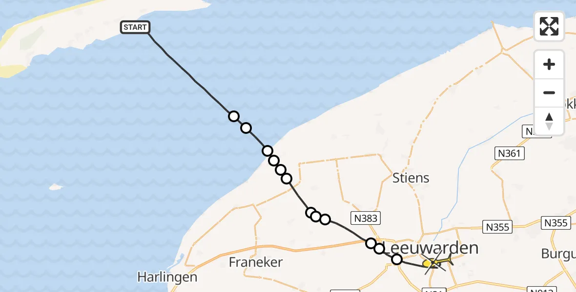 Routekaart van de vlucht: Ambulanceheli naar Leeuwarden, Timothee