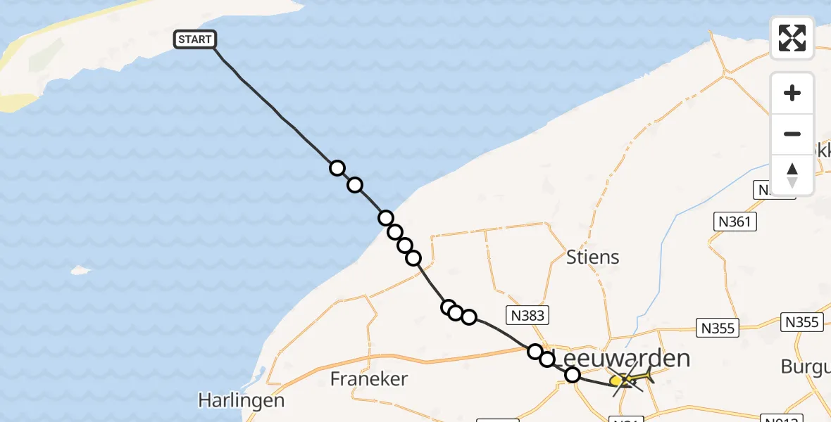 Routekaart van de vlucht: Ambulancehelikopter naar Leeuwarden, Timothee