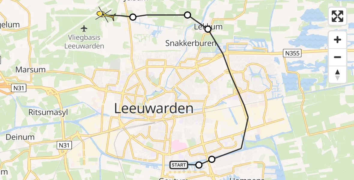 Vluchtroute Ambulancehelikopter van Leeuwarden naar Vliegbasis Leeuwarden