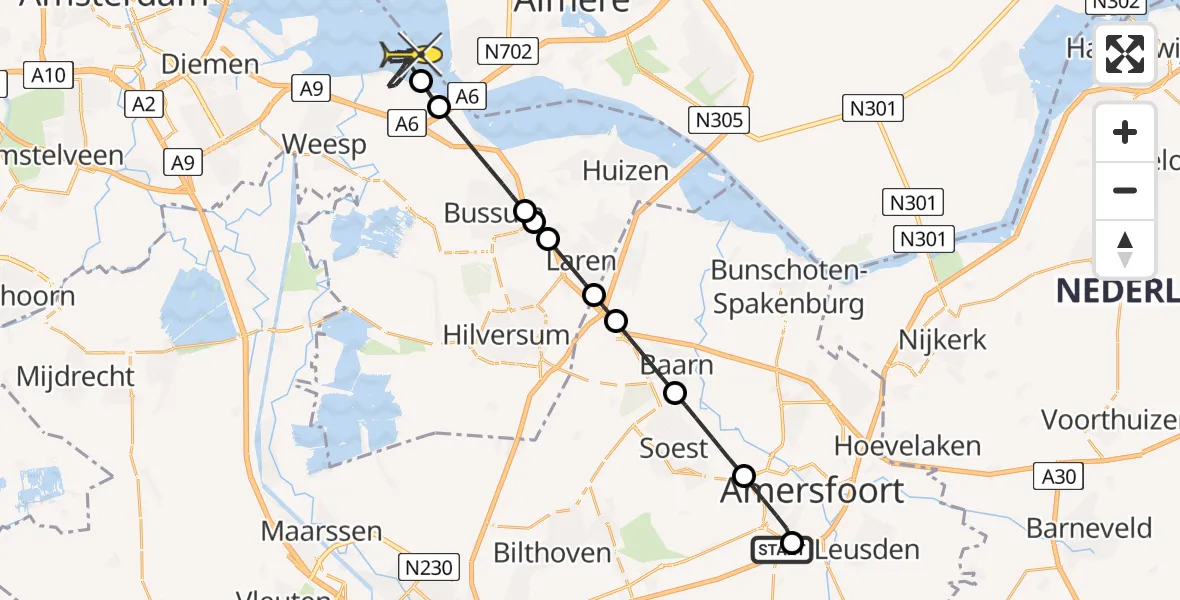 Routekaart van de vlucht: Politieheli naar Muiden, Bonairelaan