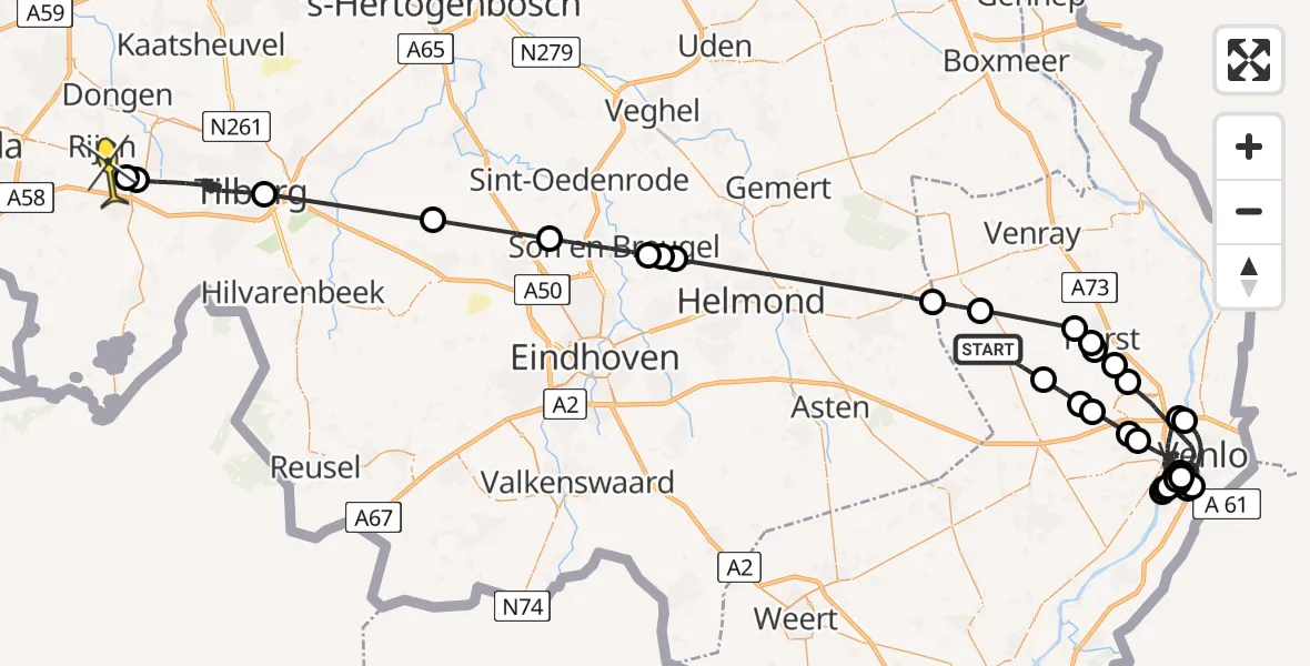 Routekaart van de vlucht: Politieheli naar Vliegbasis Gilze-Rijen, Griendtsveenseweg