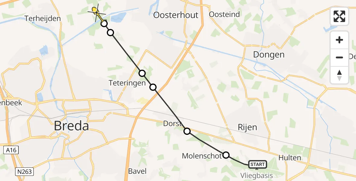 Routekaart van de vlucht: Politieheli naar Den Hout, Rijksweg