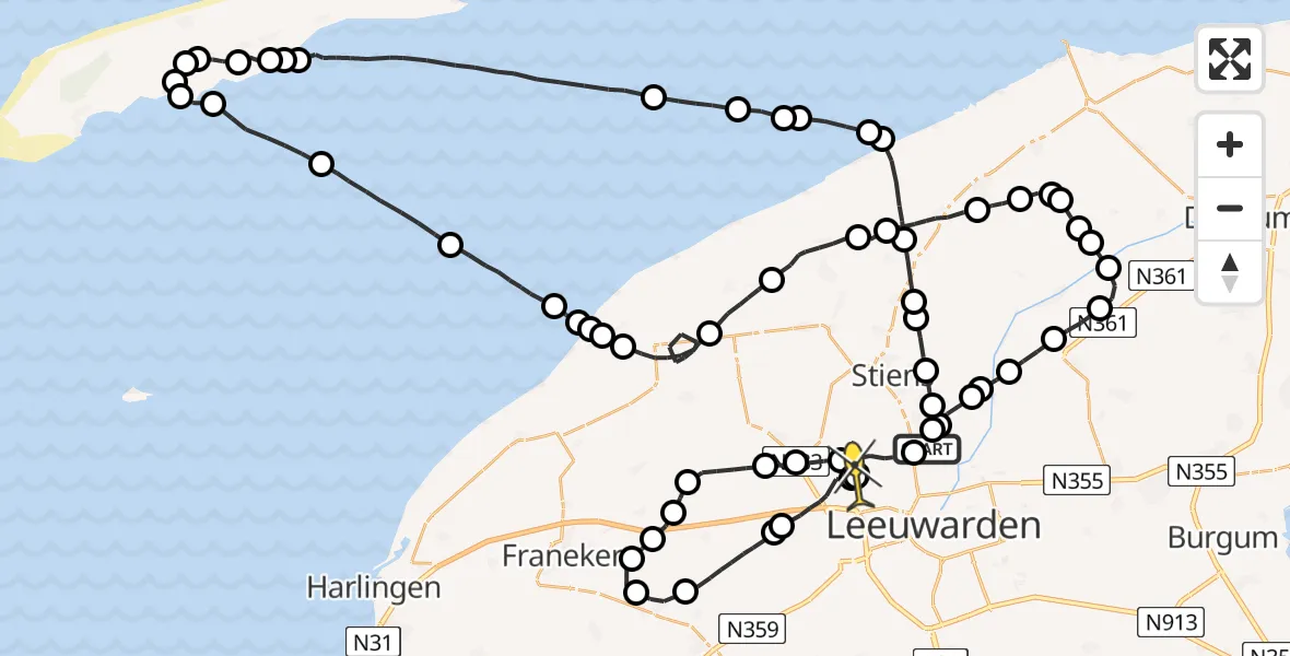 Vluchtroute Ambulancehelikopter van Jelsum naar Leeuwarden